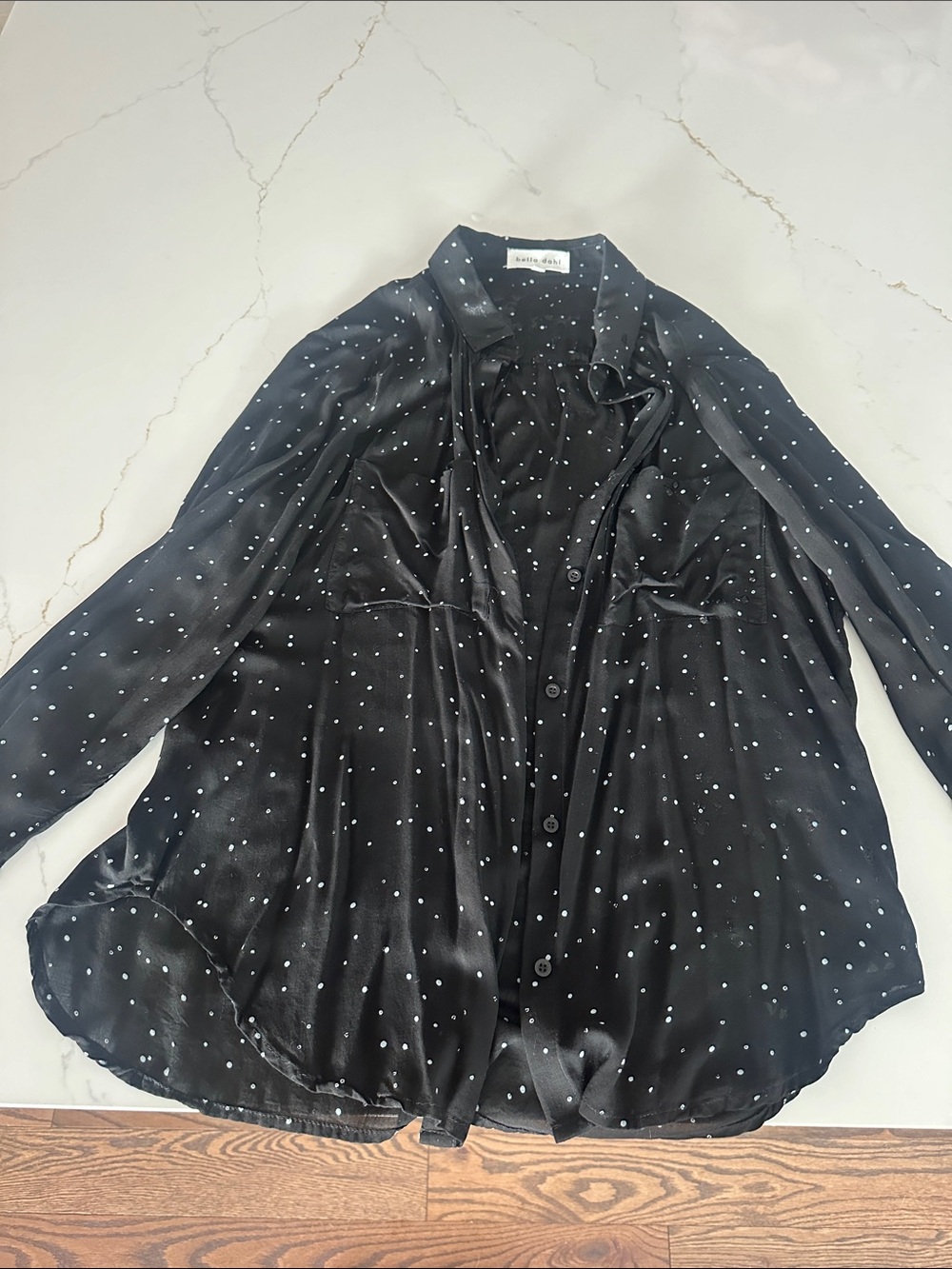 Black & White Polka Dot Satin Button-Front Blouse